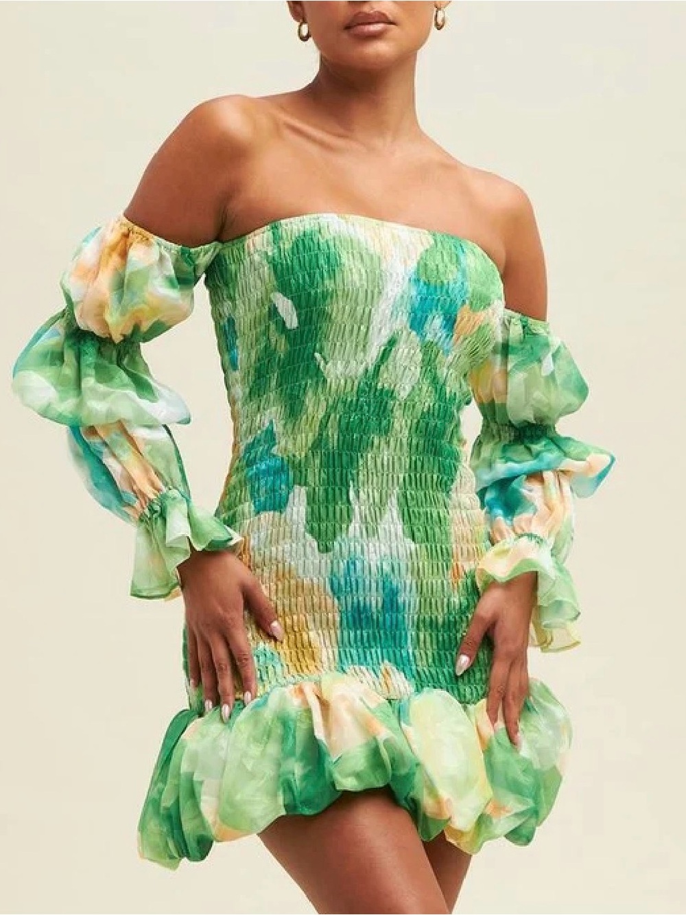 Green Floral Off-Shoulder Mini Dress